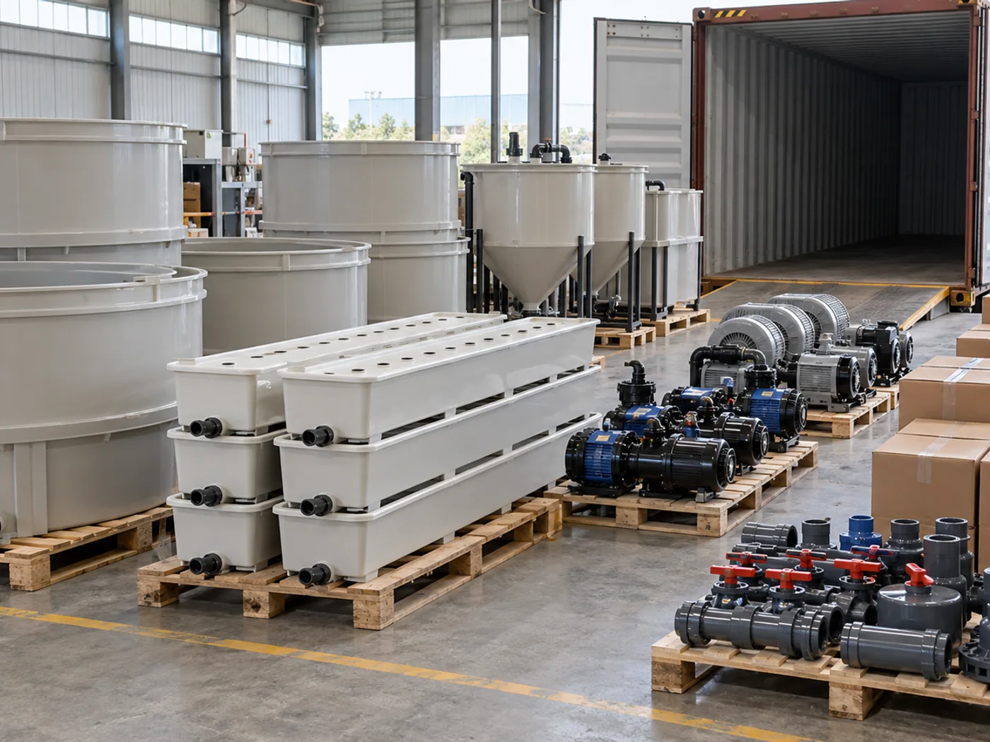 Dry aquaponics tanks, pumps, blowers and spare parts inspected before container loading.