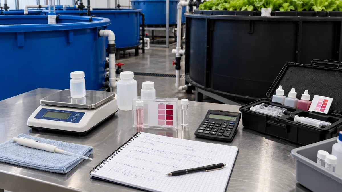 Digital scale, chloride test kit, calculator and worksheet beside opaque aquaponics tanks.