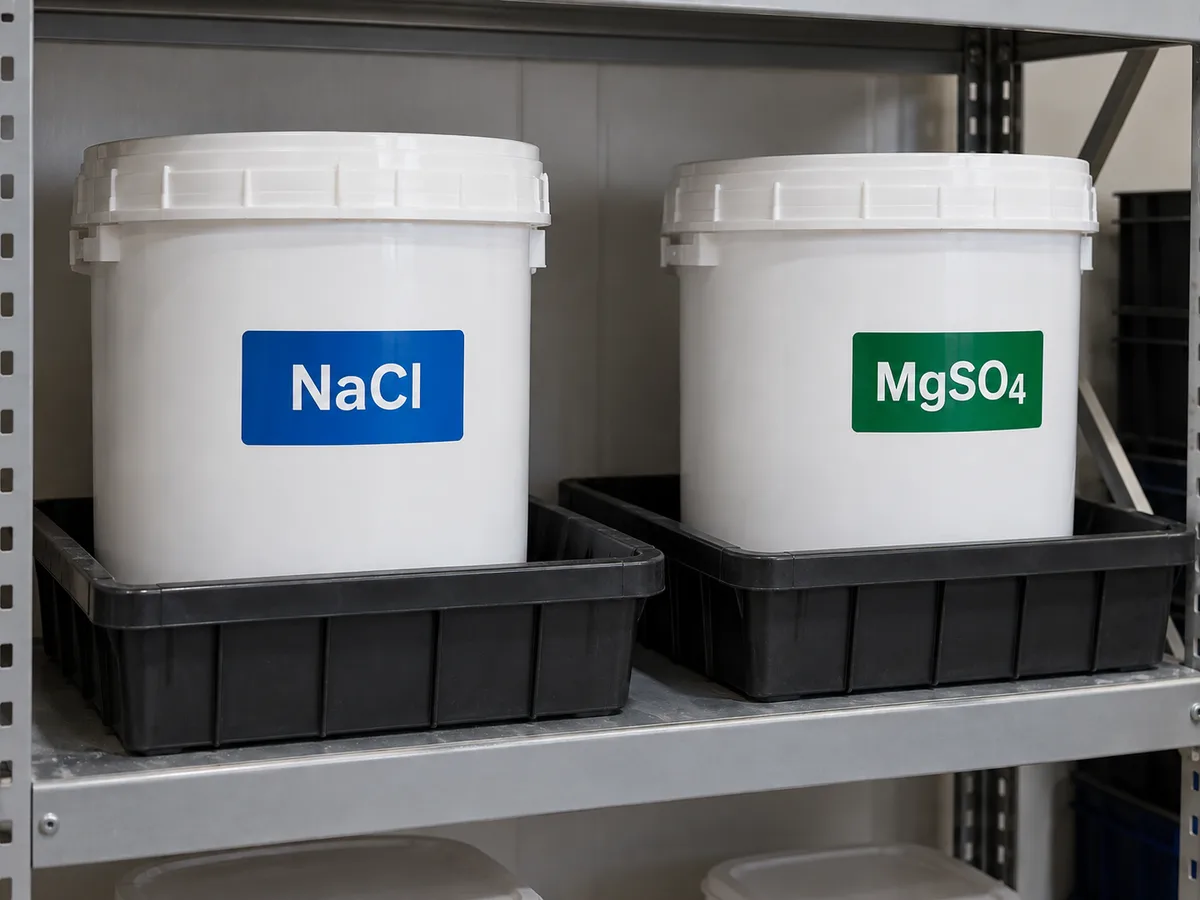 Separate containers of sodium chloride and magnesium sulfate beside aquaponics water-testing equipment.