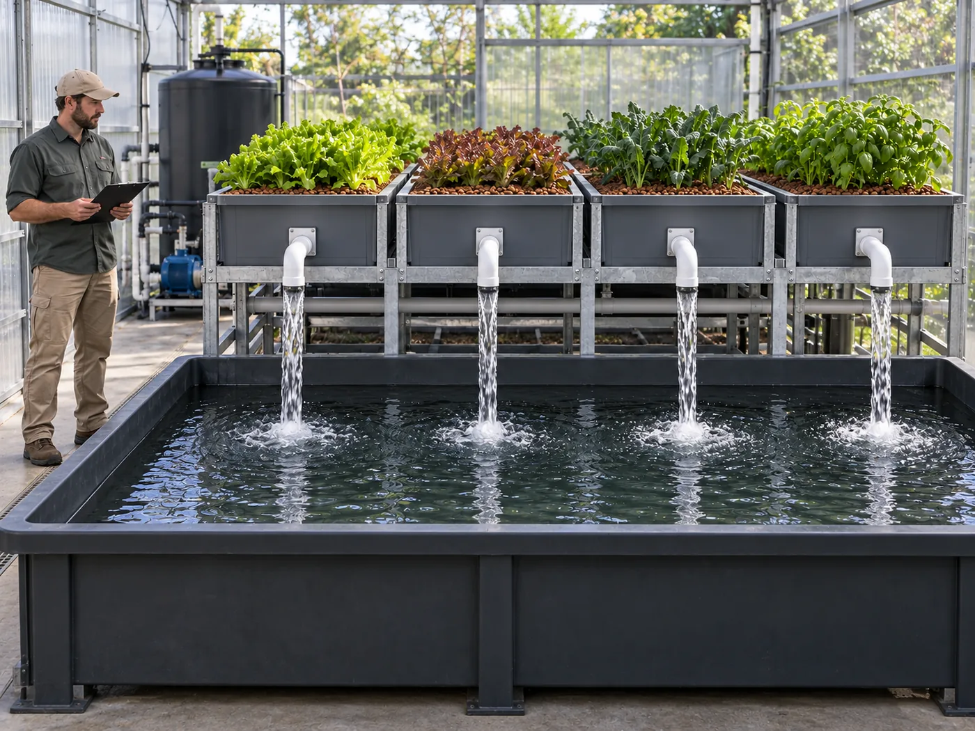 Technician observing four aquaponics grow beds draining directly into an open sump during commissioning.
