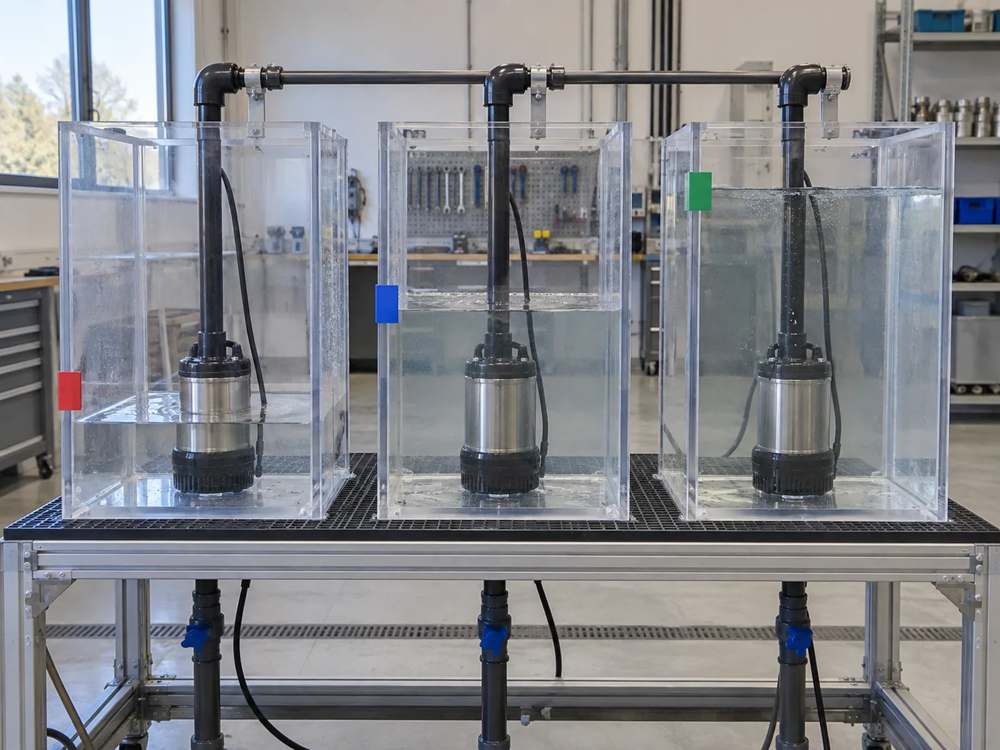Transparent demonstration sumps showing minimum, normal and maximum water levels around protected pump inlets.