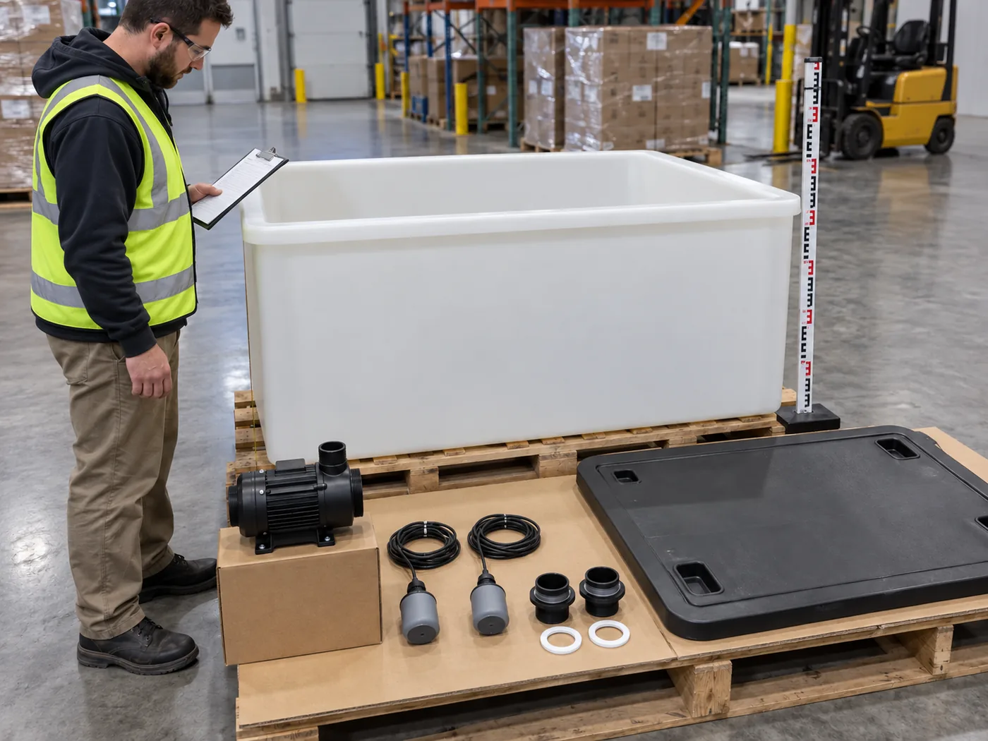 Warehouse inspection of a dry empty aquaponics sump tank, pump and level sensors.