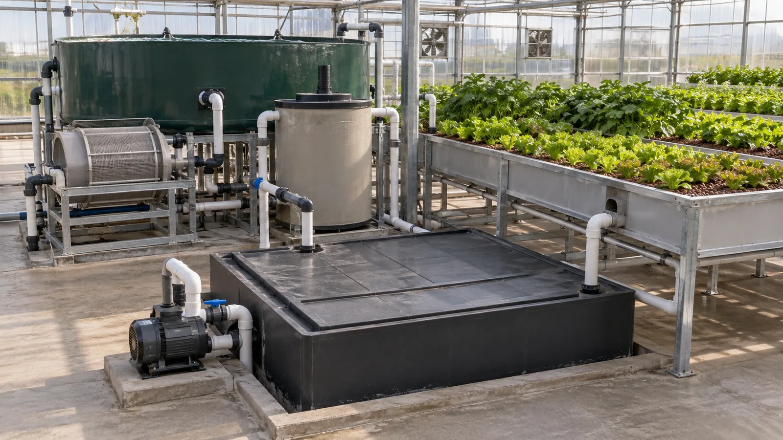 Aquaponics system with covered low sump, accessible pump, fish tank, filters and elevated grow beds