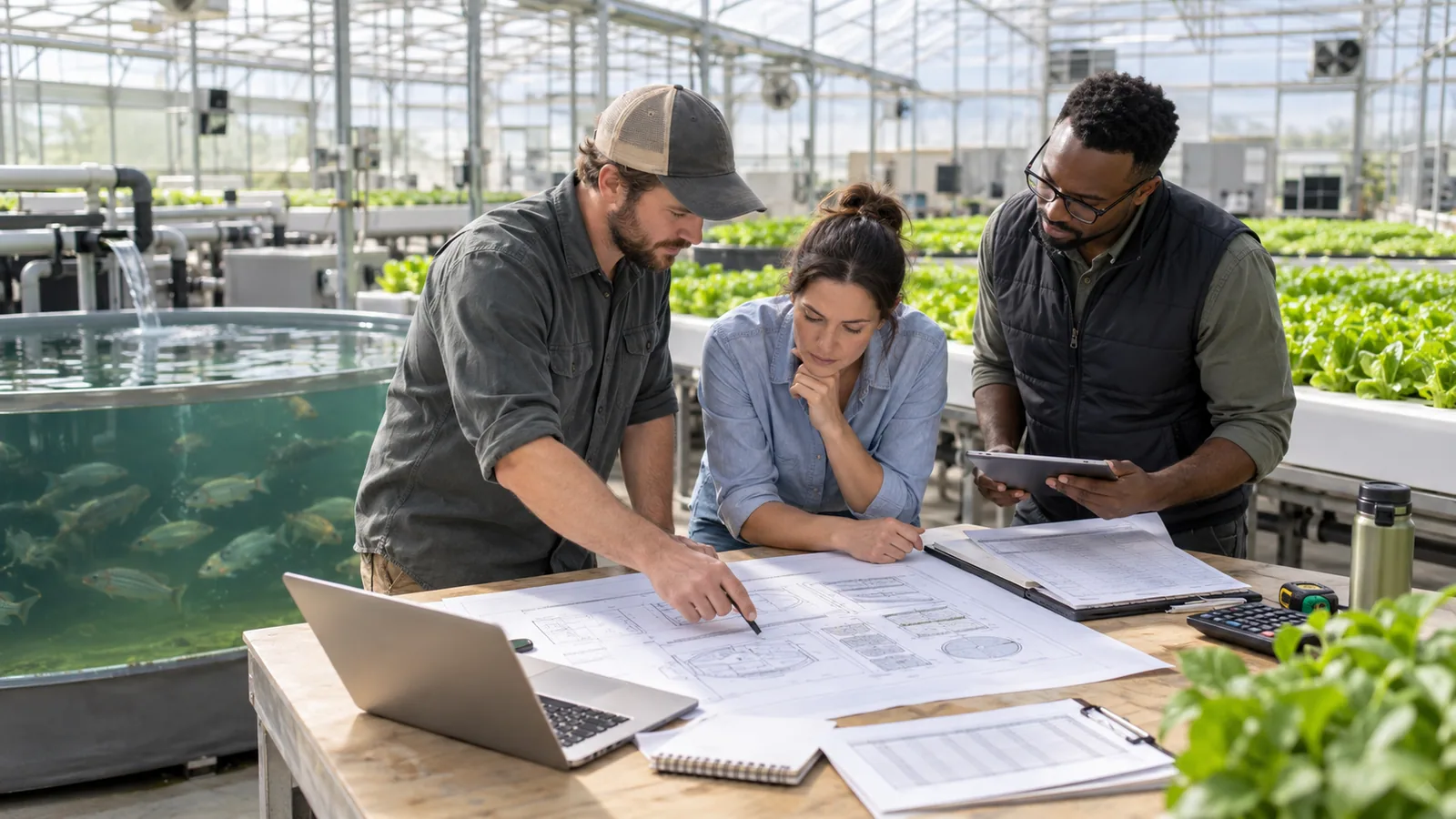 Aquaponics project team reviewing a system layout, equipment list and budget at a greenhouse worktable