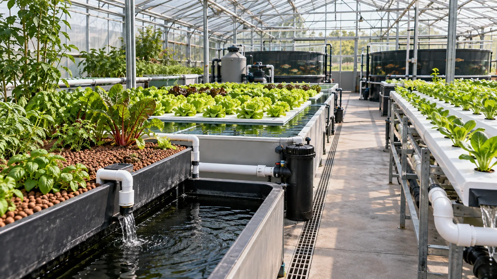 Commercial aquaponics greenhouse showing media beds, deep-water raft beds and NFT growing channels