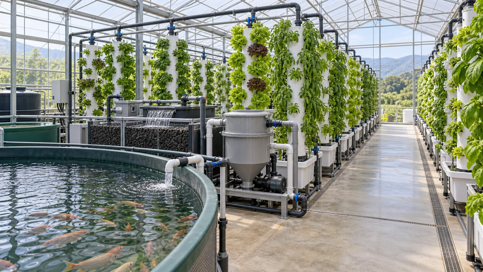 Vertical aquaponics towers supplied by filtered water beside a fish tank and grow beds