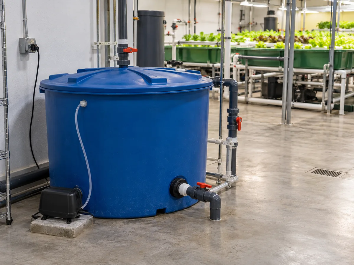 Opaque blue aquaponics treatment tank isolated from the plant loop with testing equipment nearby.
