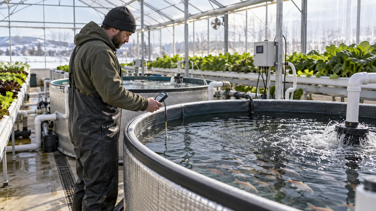 Commercial aquaponics greenhouse with insulated fish tanks and temperature-control equipment