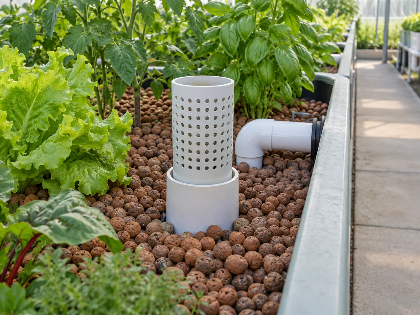 Clean aquaponics media-bed standpipe and inspection zone with unobstructed drainage.