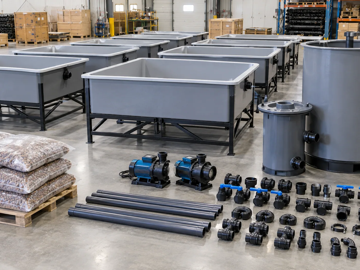 Empty aquaponics media bed and filtration components prepared for installation testing.