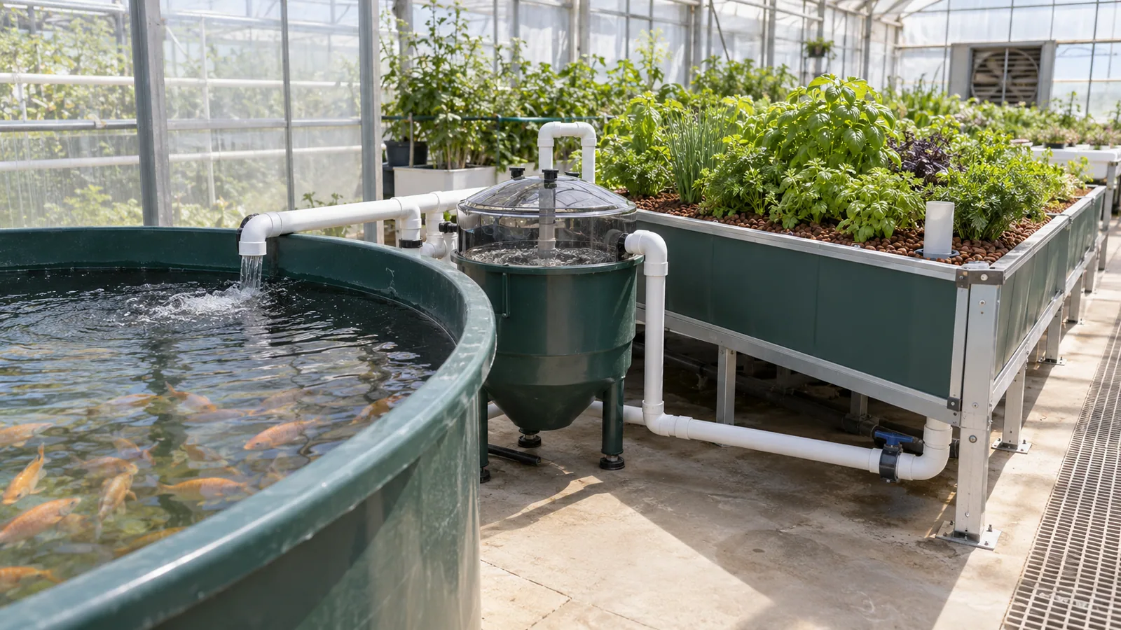 Flood-and-drain aquaponics media bed beside separate fish tank and filtration equipment