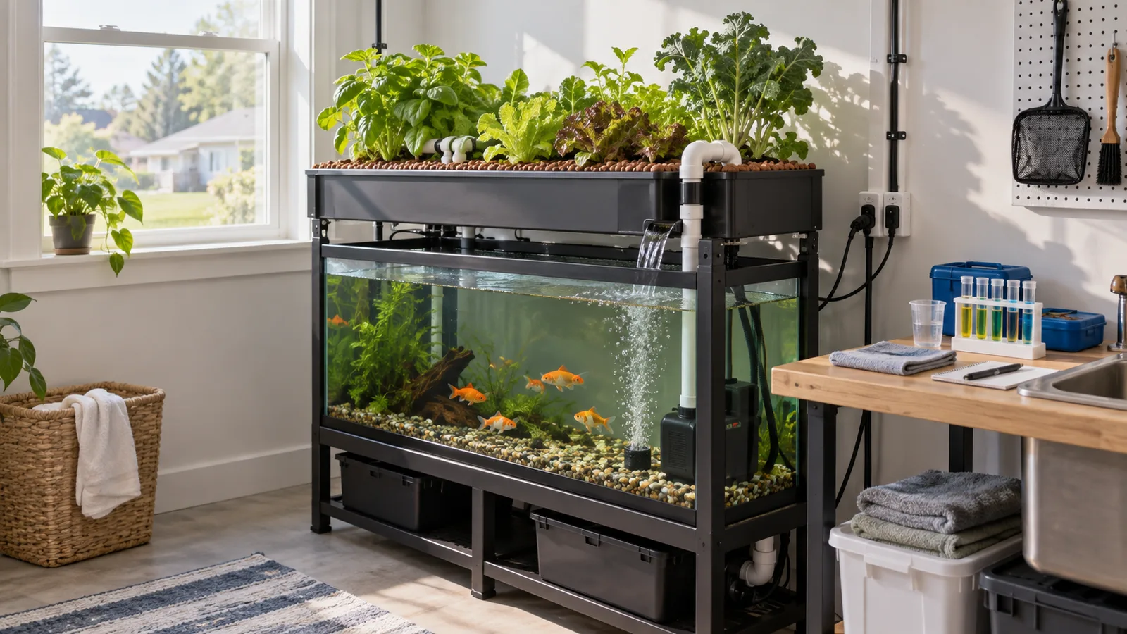 Beginner aquaponics kit with a fish tank, media grow bed and water-testing station