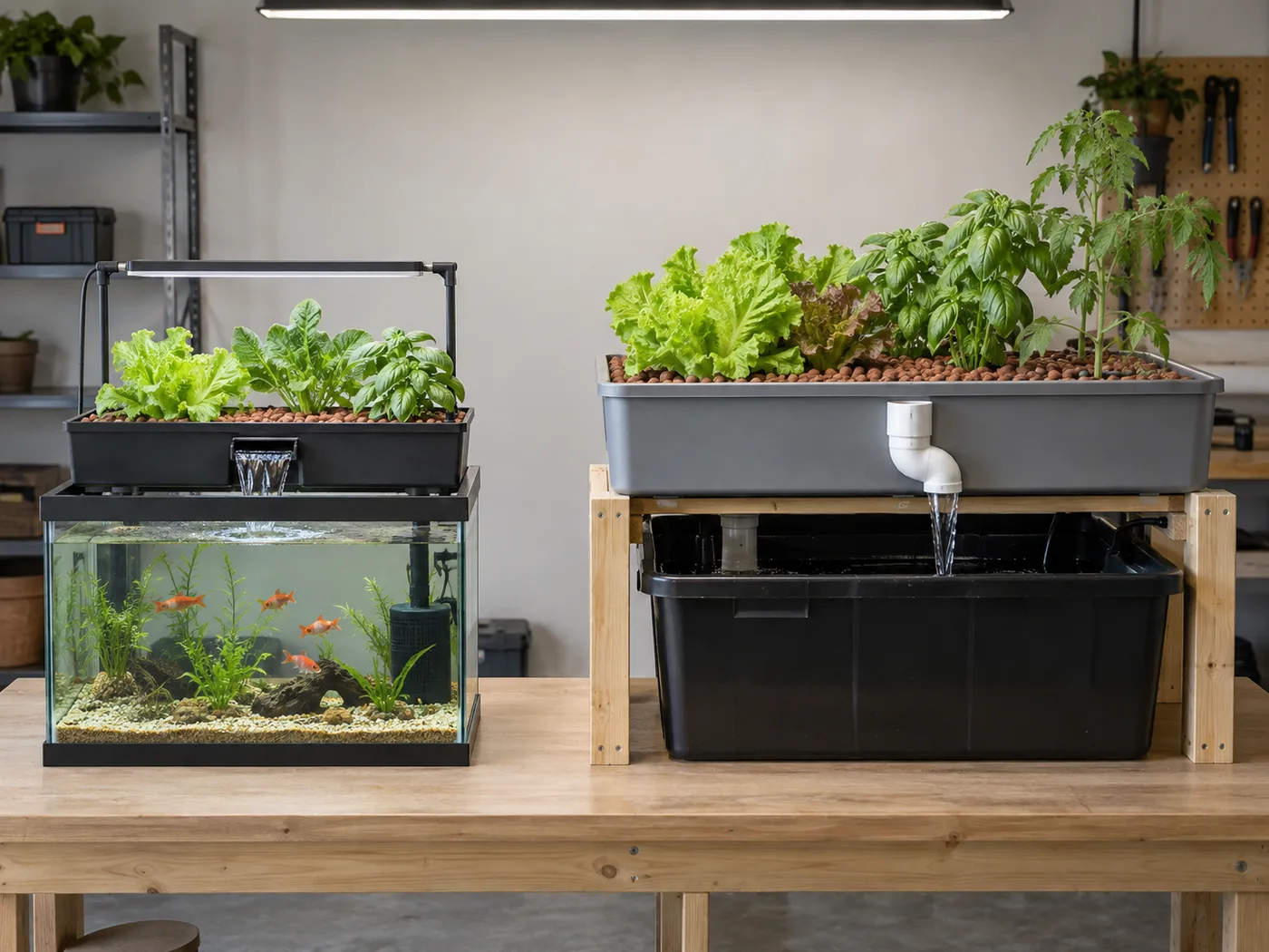Comparison of aquarium-top and small media-bed beginner aquaponics systems.