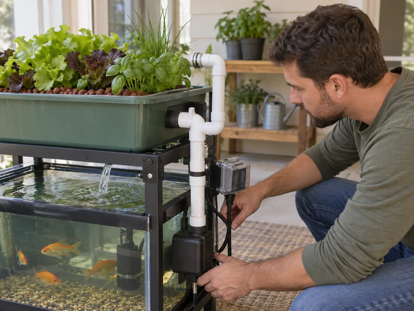 Technician inspecting plumbing and protected electrical connections on a compact beginner aquaponics kit.