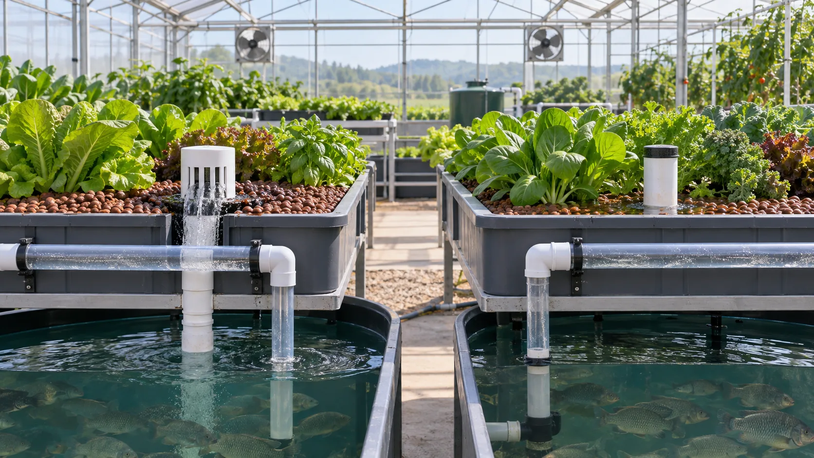 Aquaponics media beds with bell siphon and constant-flood plumbing in a greenhouse