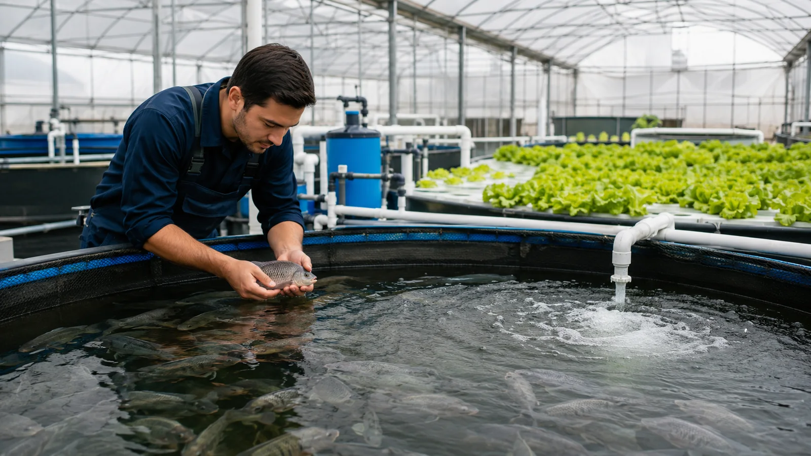 Aquaculture technician inspecting healthy tilapia in a commercial aquaponics fish tank beside lettuce grow beds