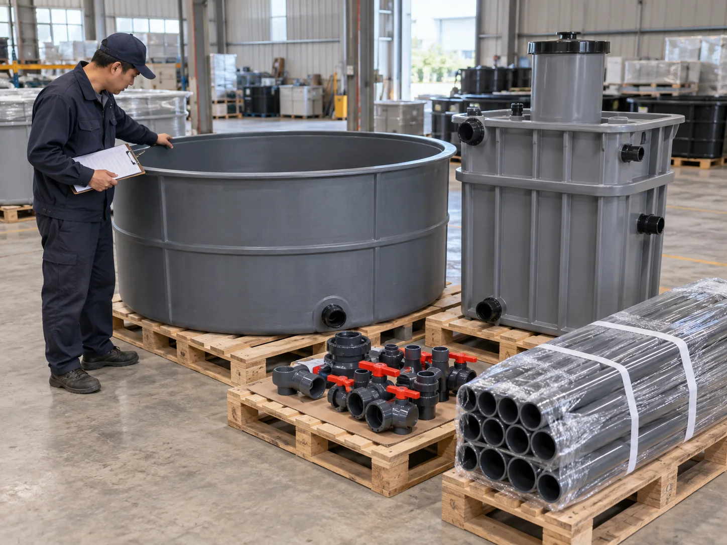 Technician performing factory testing on an aquaponics pump, valves and aeration manifold before packing.