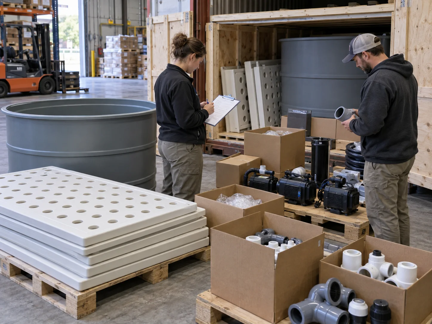 Receiving team comparing an aquaponics crate, packing list and drain fittings during shipment inspection.