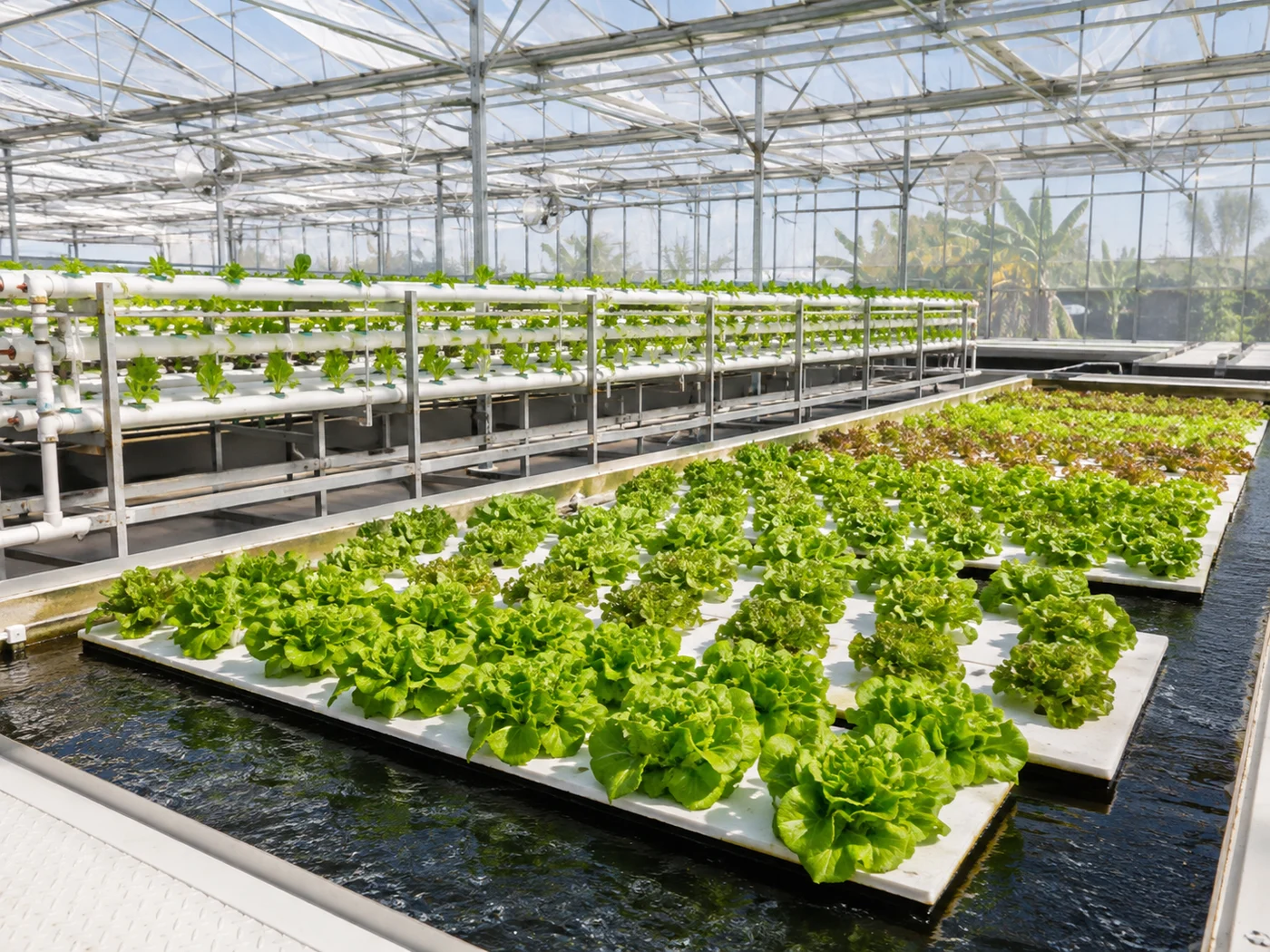 Commercial greenhouse with deep-water raft beds and NFT growing channels for leafy-green production