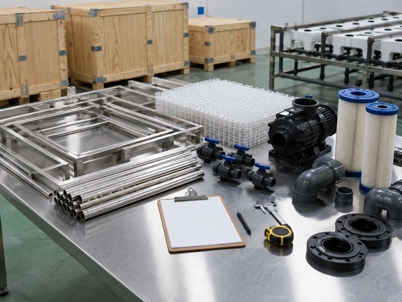 Unbranded aquaponics frames, pumps, filters and pipe fittings arranged for pre-shipment quality review