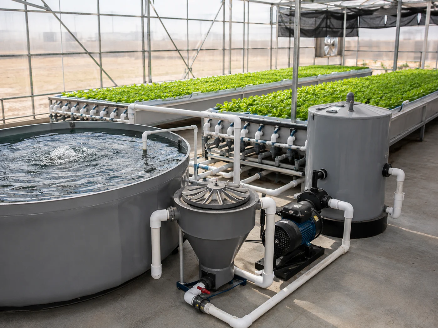 Commercial aquaponics water-treatment area with a fish tank, solids filter, biofilter, pump and leafy grow beds