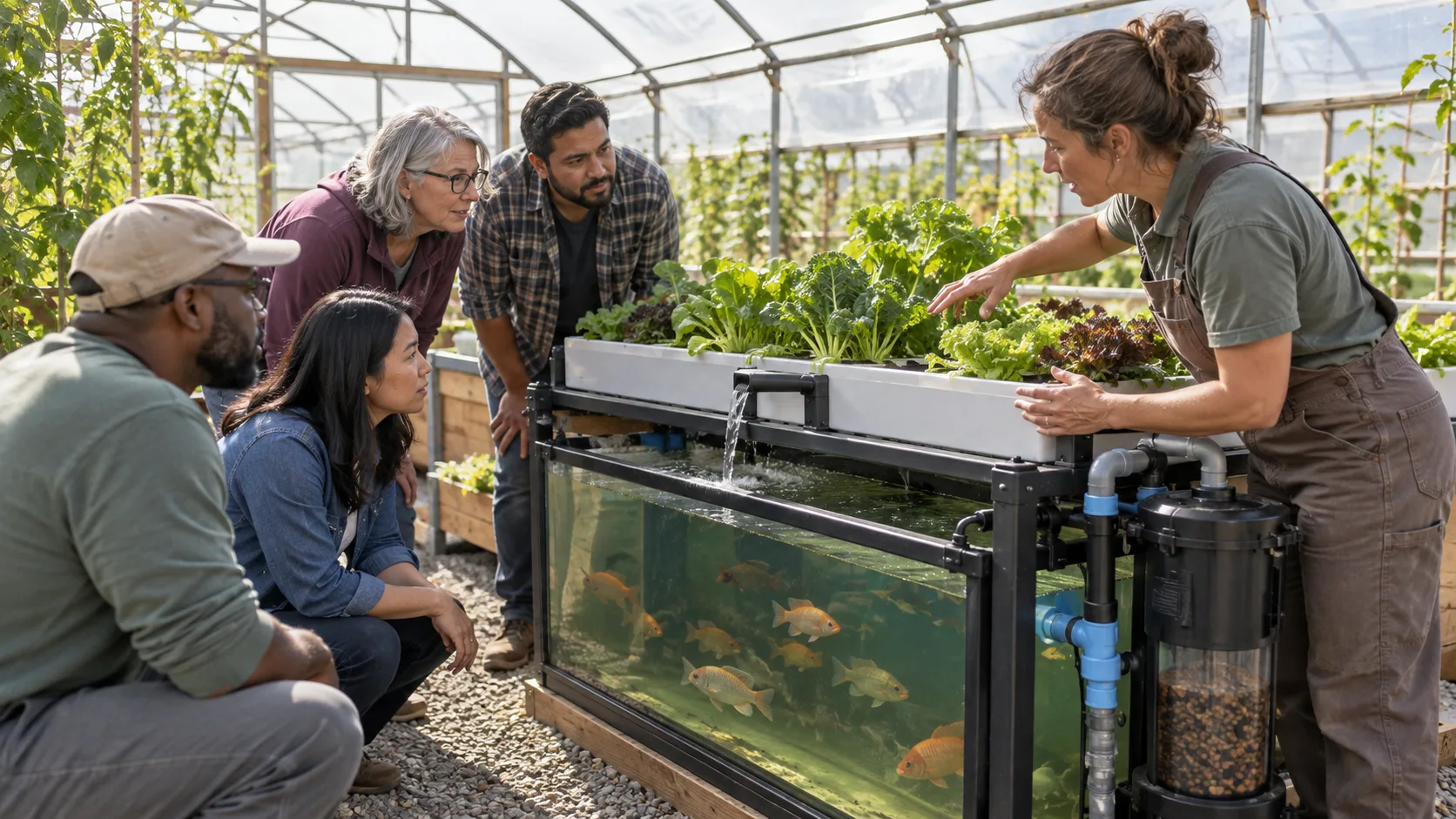 Community garden volunteers reviewing a compact modular aquaponics system with fish tank, filter and raised grow beds