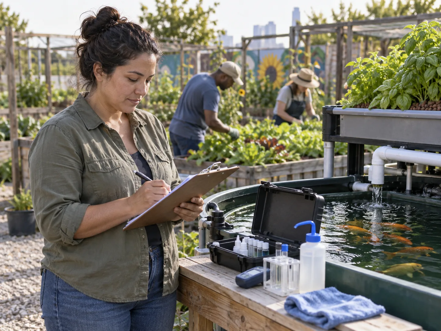 Community garden coordinator recording aquaponics maintenance checks beside a water-testing station.