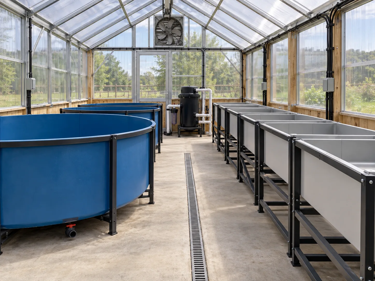 Community aquaponics site with clear service aisle, protected cables, drain route and accessible filter.