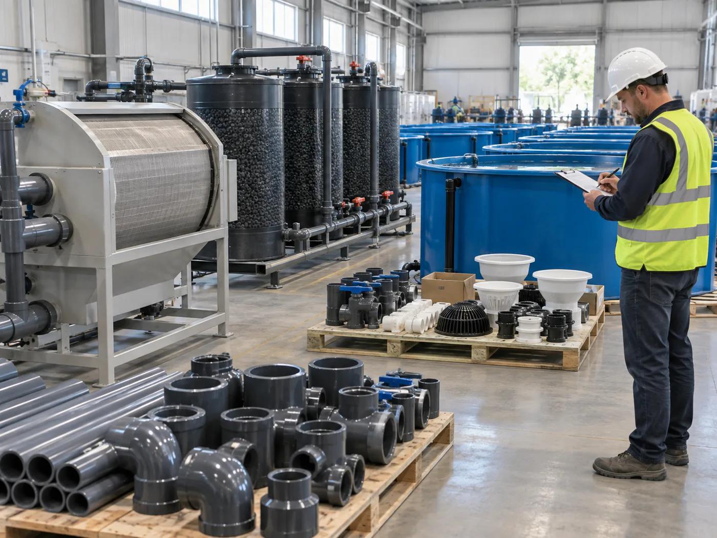 Technician inspecting a clean aquaponics screen filter and collecting a water sample.