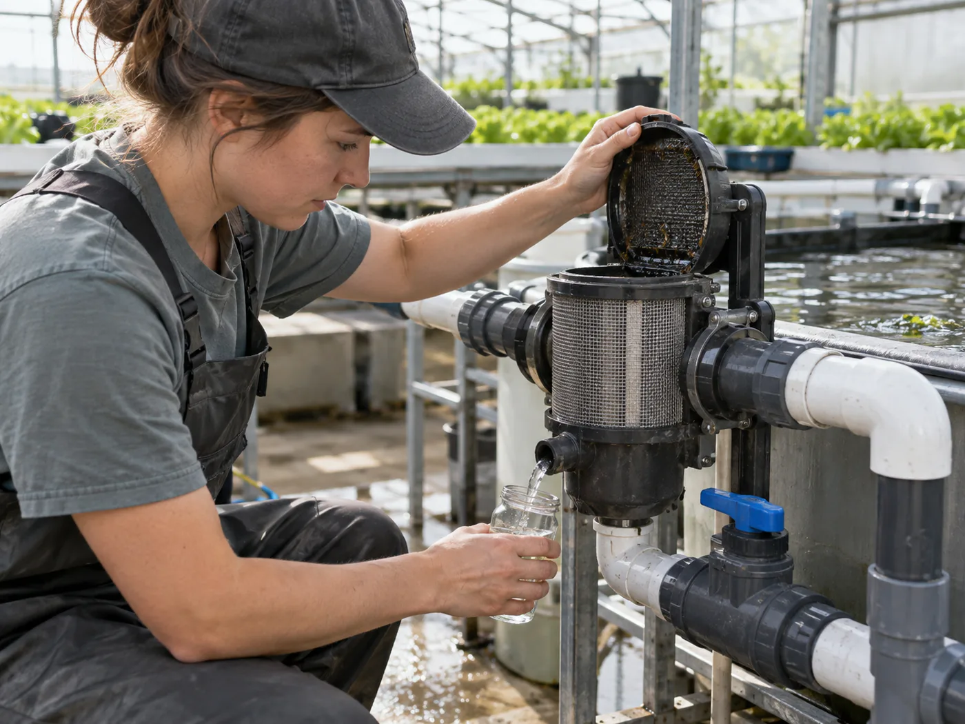 Separate test planters with leafy crops beside an aquaponics greenhouse water-quality station.