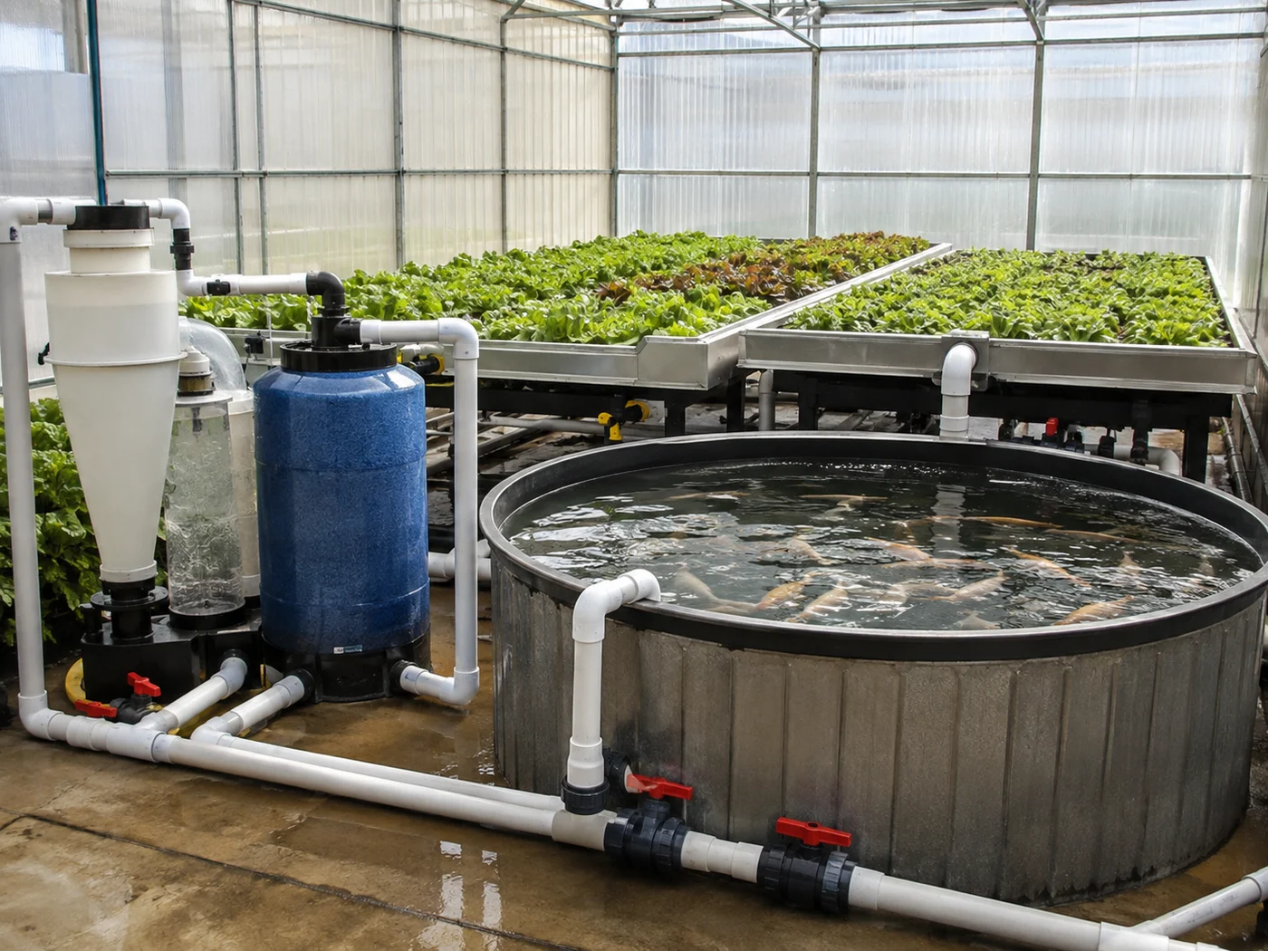 Aquaponics fish tank, filter and deep-water raft beds connected through a shared water-treatment loop