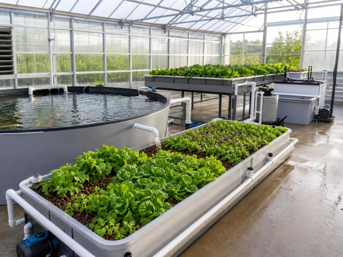Commercial aquaponics greenhouse with a fish tank, leafy grow beds and separate water-treatment equipment