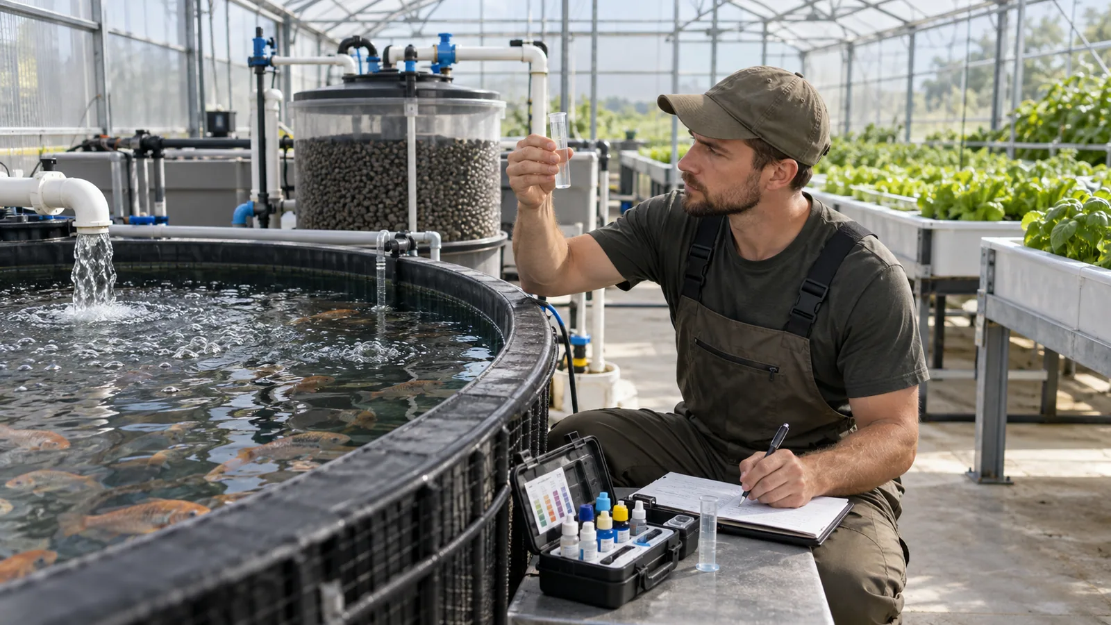 Technician checking an aquaponics water-quality log beside a fish tank and biofilter