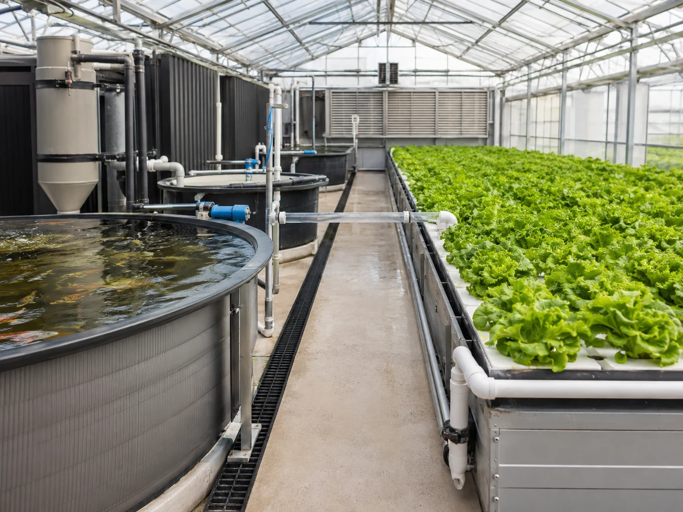 Decoupled aquaponics greenhouse with separate fish-side treatment equipment and leafy-green production zone