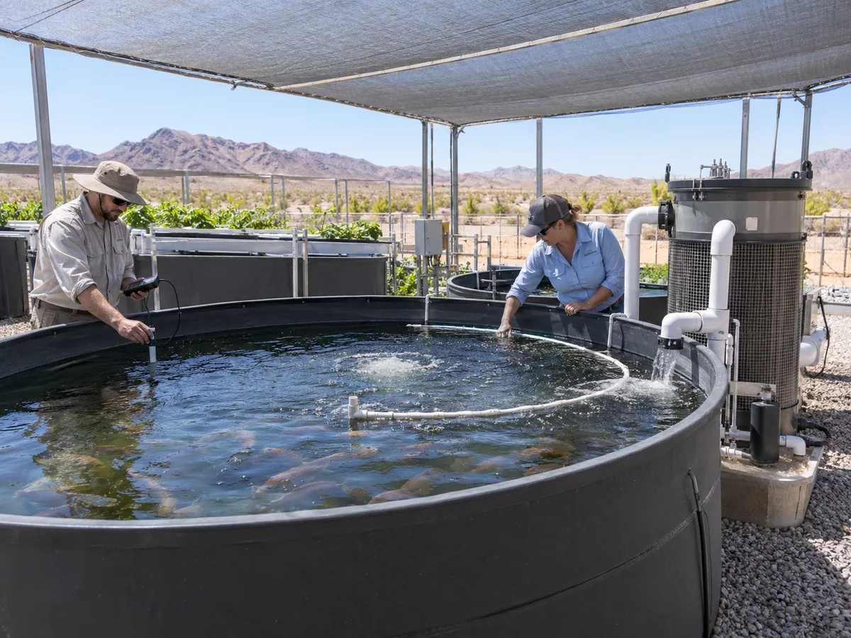 Aquaponics commissioning team testing aeration and temperature beneath a desert shade structure.