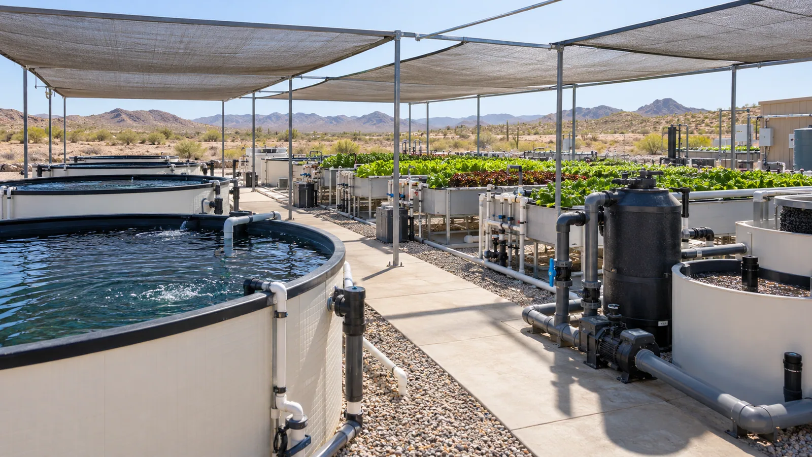 Outdoor aquaponics system under a ventilated shade structure in a desert climate