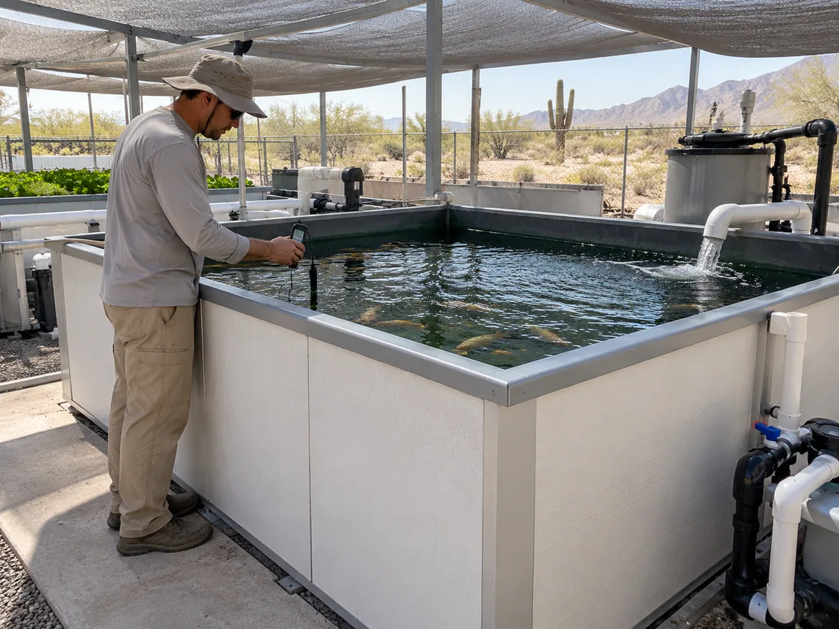 Shaded aquaponics fish tank with insulated walls and open maintenance access.