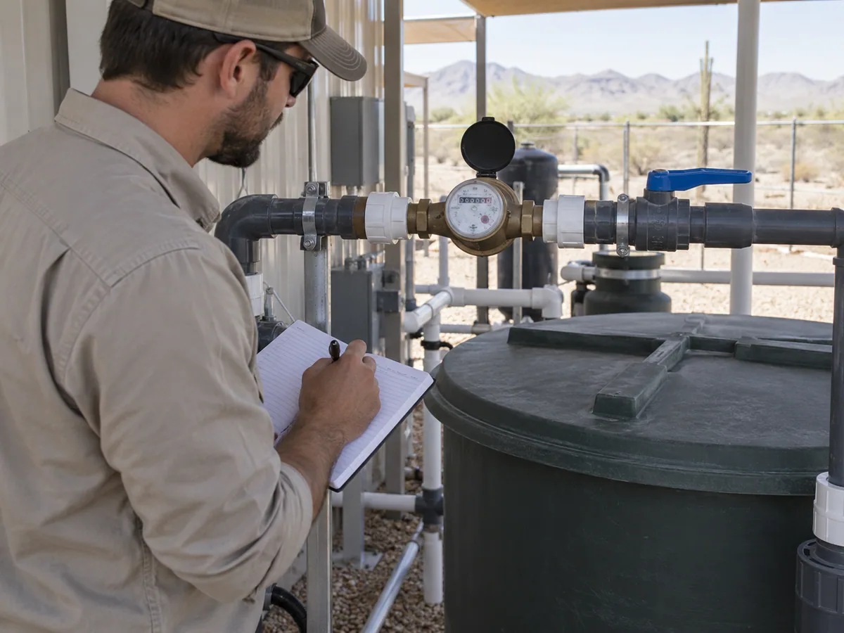 Technician recording a make-up water meter reading on a desert aquaponics system.