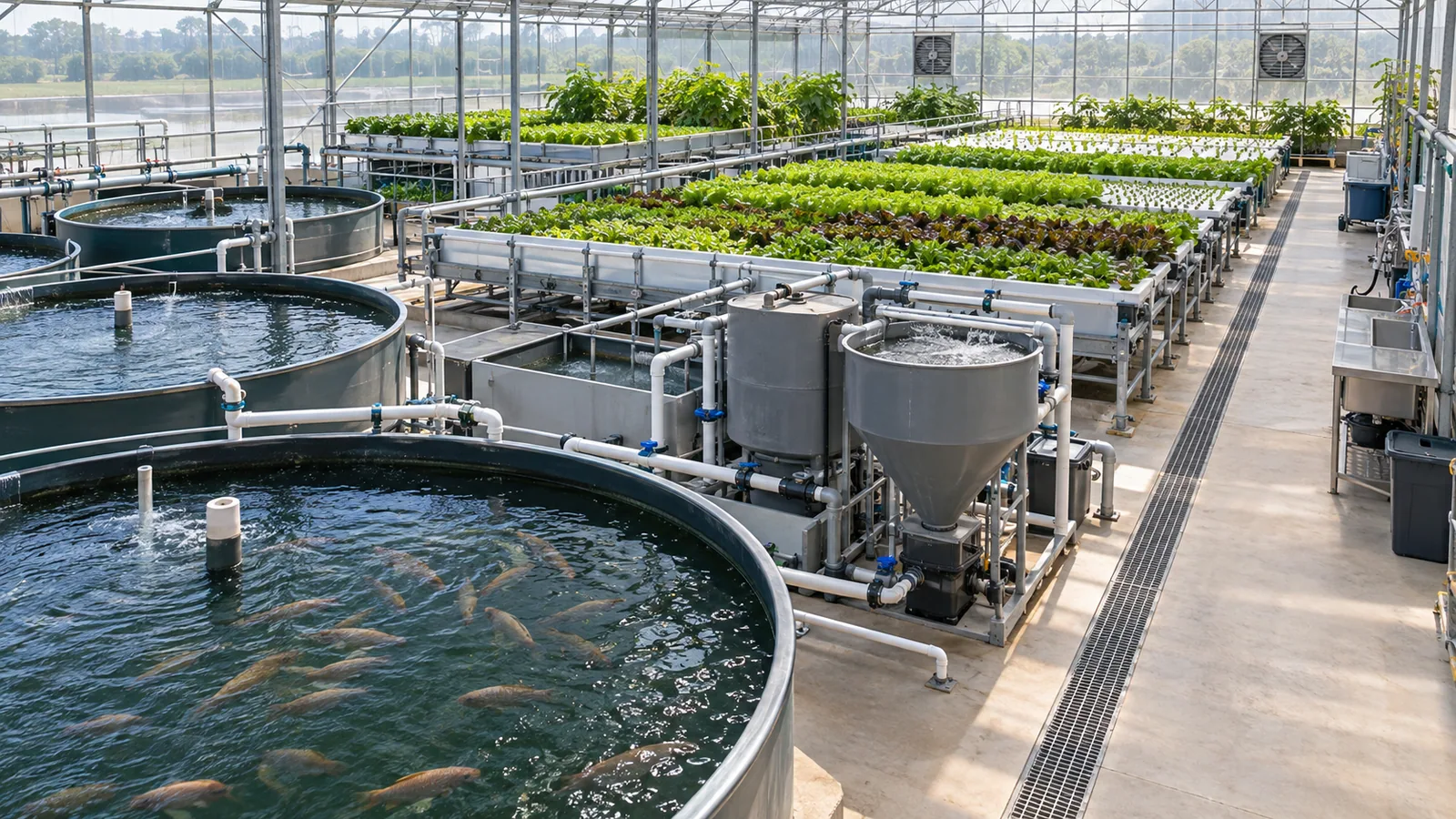 Overhead view of a commercial aquaponics greenhouse layout with fish tanks, filters, raft beds and clear walkways