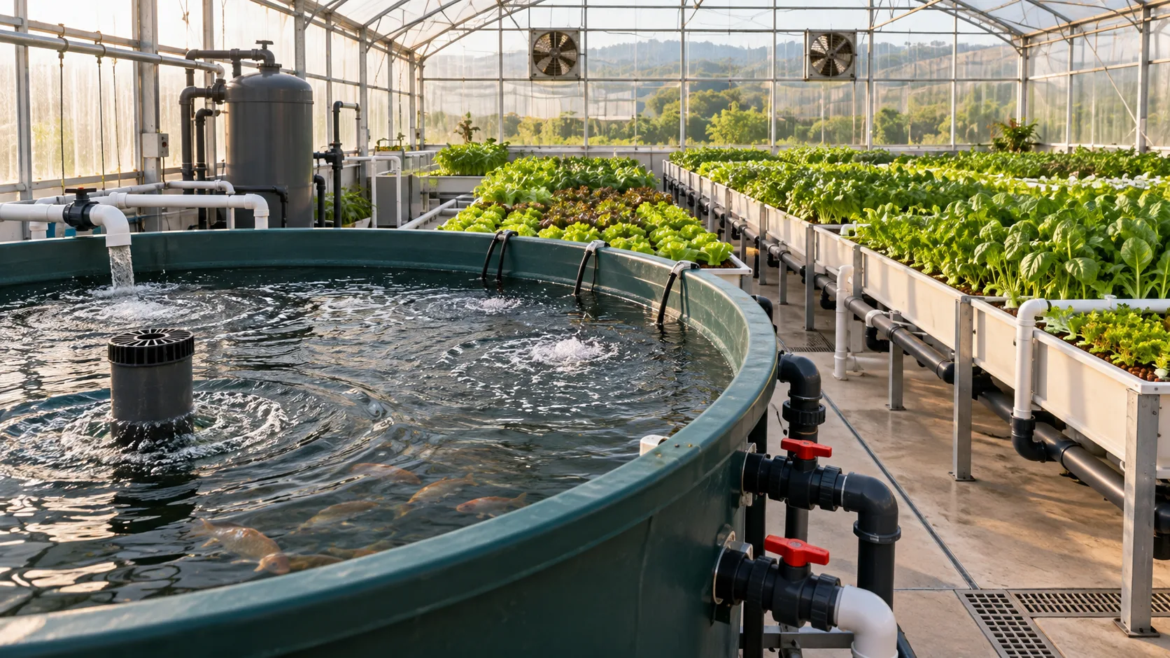 Commercial aquaponics fish tank with accessible drain, aeration and leafy grow beds