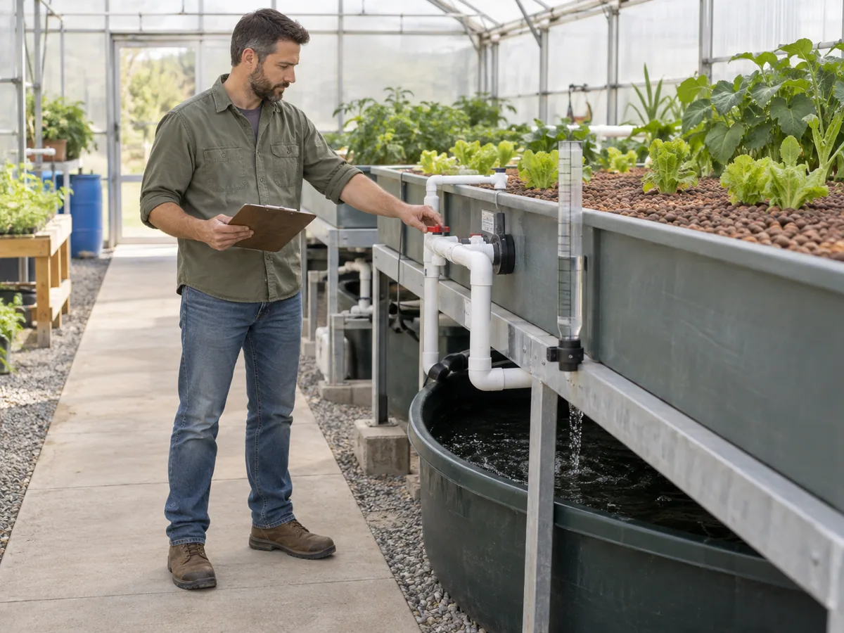 Technician standing on a dry greenhouse aisle checking an aquaponics media-bed valve and external water-level tube.