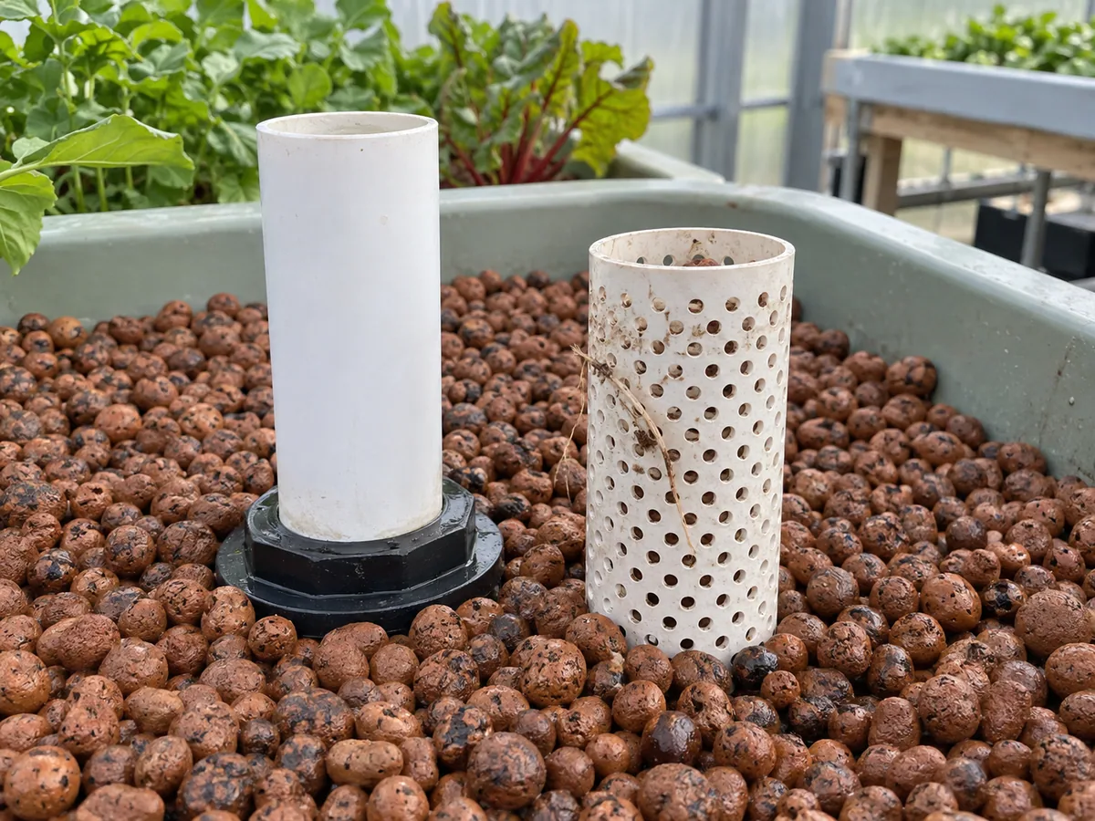 Aquaponics standpipe and removed cylindrical media guard inspected for roots and flow restriction.