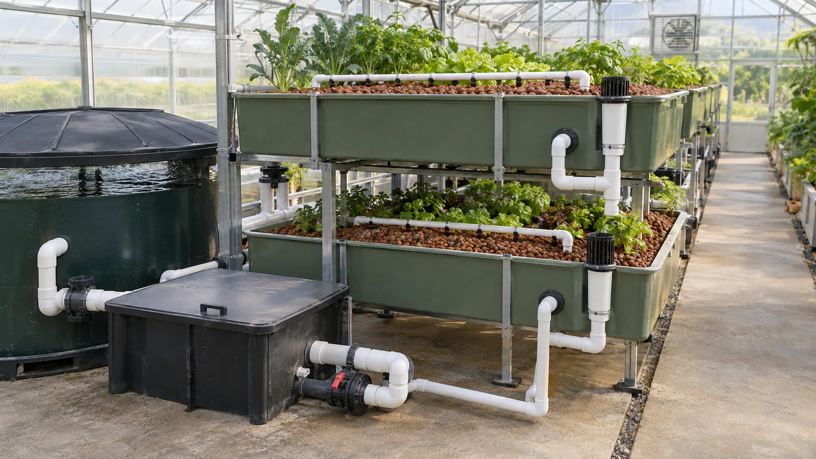Level aquaponics media beds connected to a sump and fish tank with accessible flood-and-drain plumbing