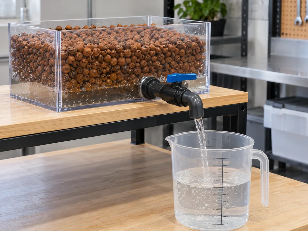 Aquaponics expanded-clay media draining measured water into a graduated vessel during a void-volume test.