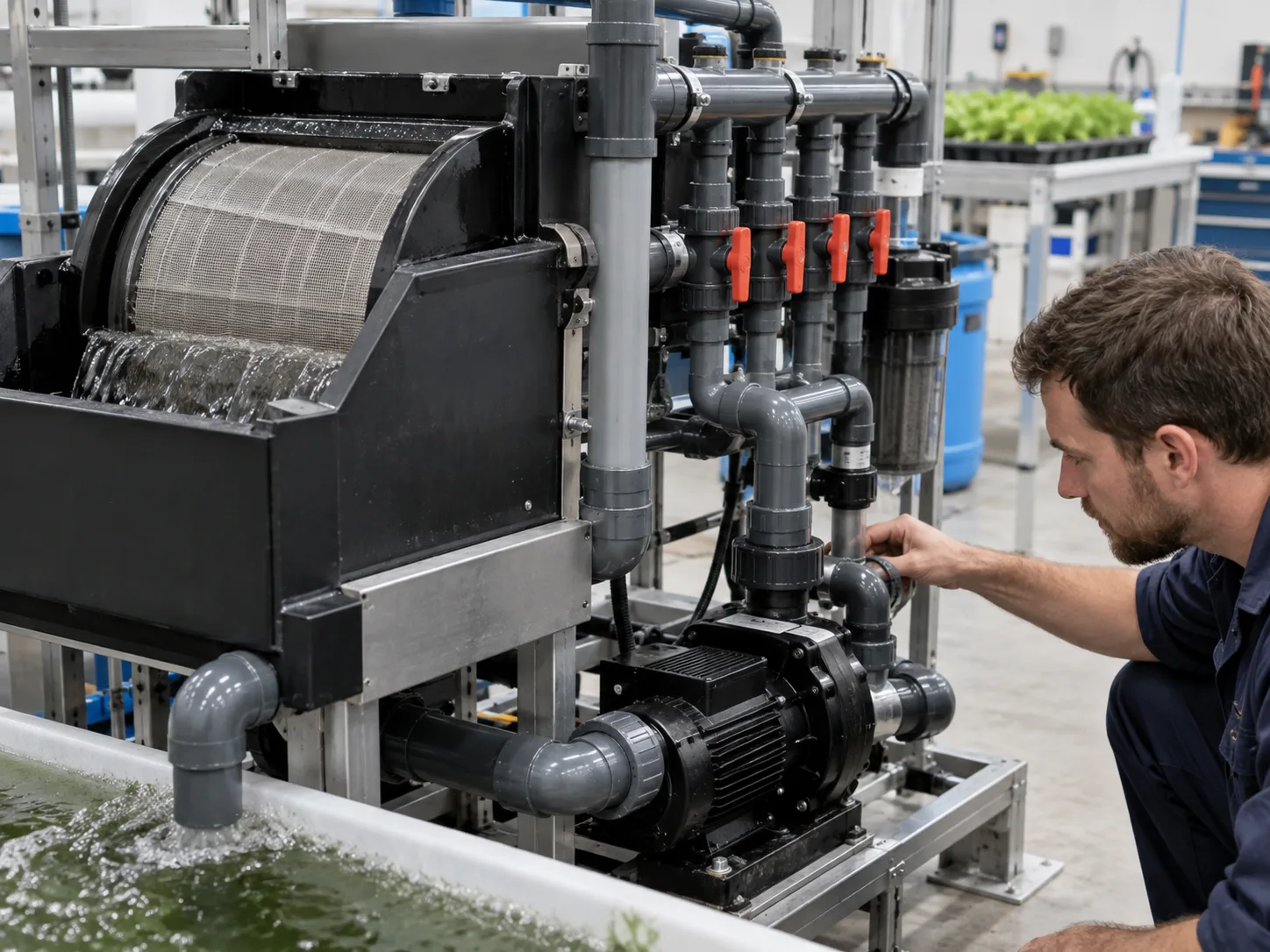 Aquaponics filtration components including a filter vessel, screen, pump, valves and seals arranged for inspection.