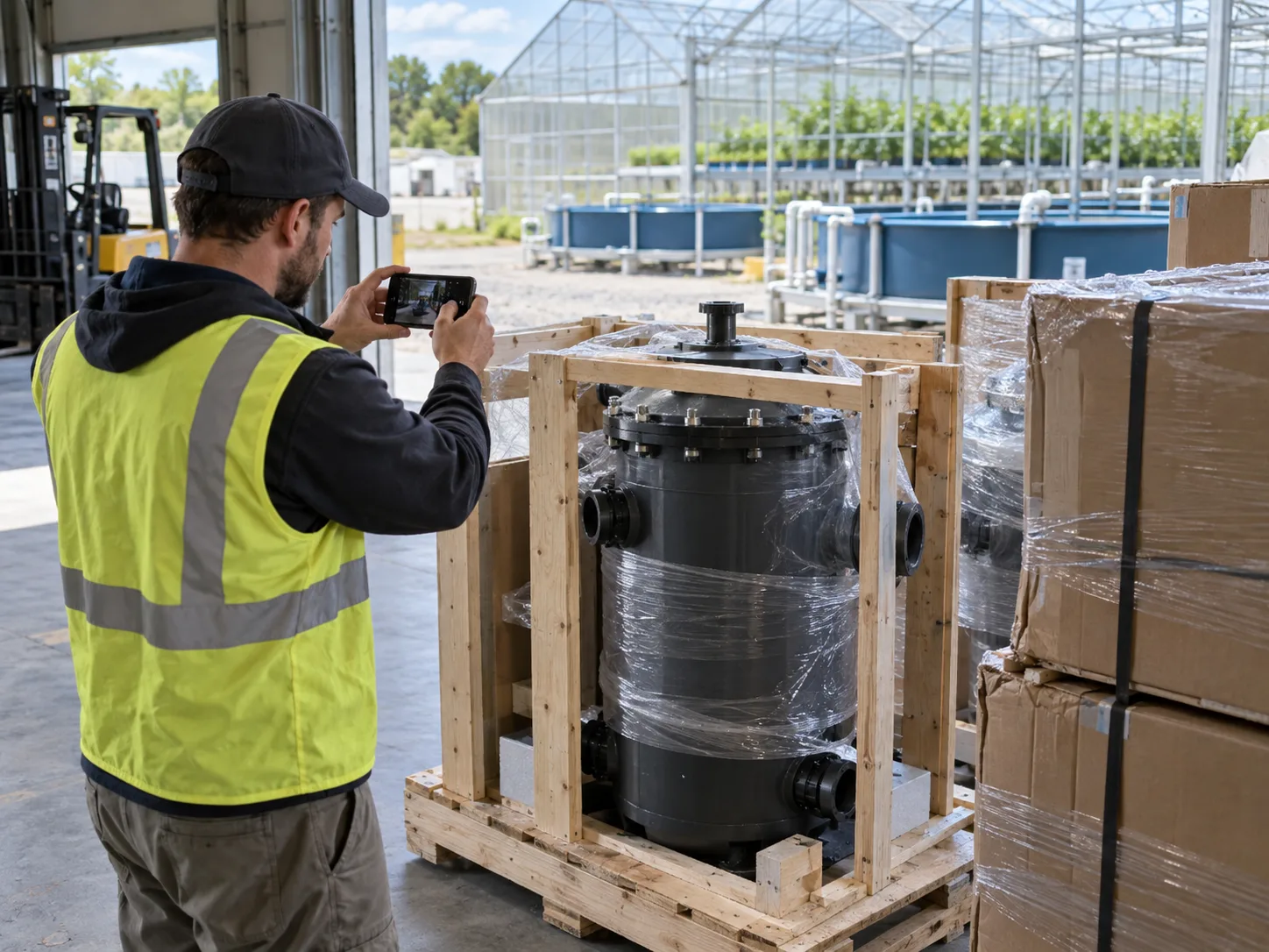 Technician inspecting delivered aquaponics filter equipment and crates before installation.
