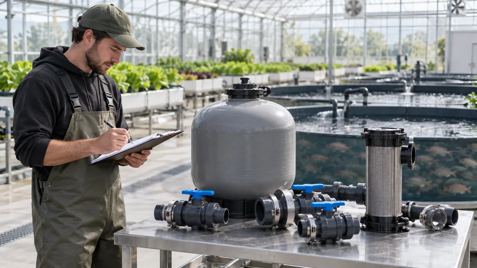 Aquaponics filtration components and warranty records reviewed at a commercial greenhouse project