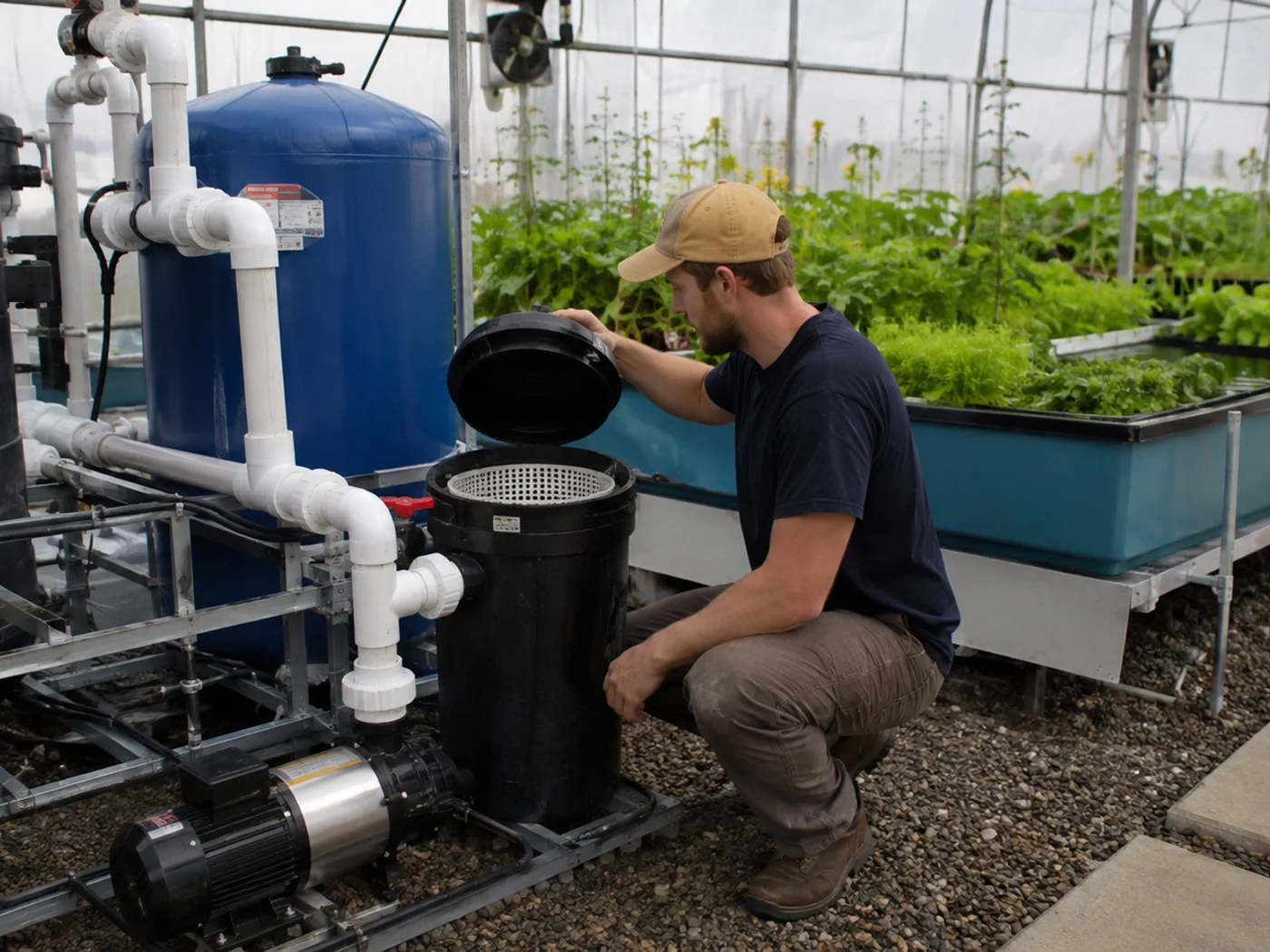 Healthy fish in an aerated aquaponics tank with visible air diffusers, dissolved oxygen meter and biofilter equipment