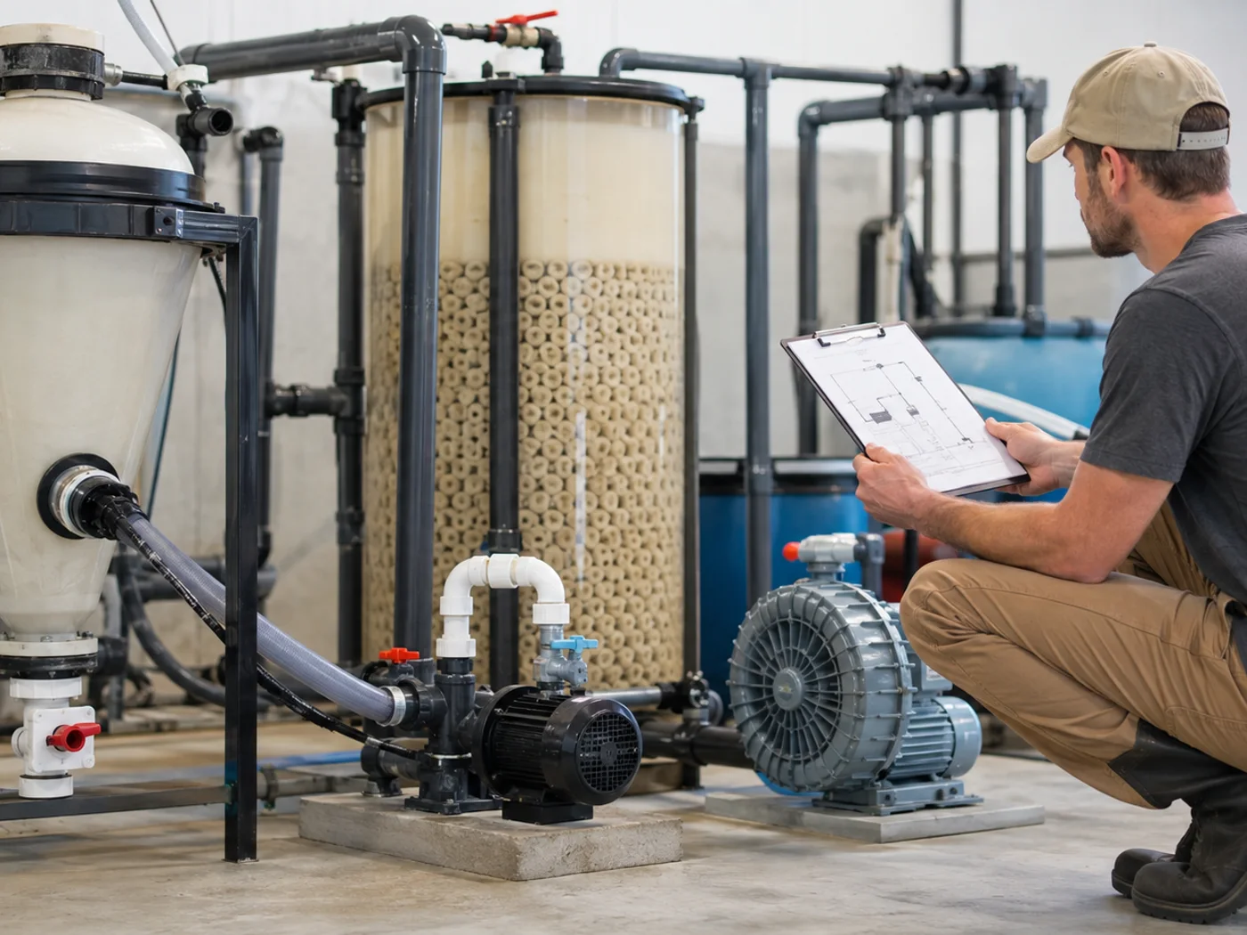 Engineer reviewing an aquaponics process-flow drawing beside solids filter, biofilter, circulation pump and air blower