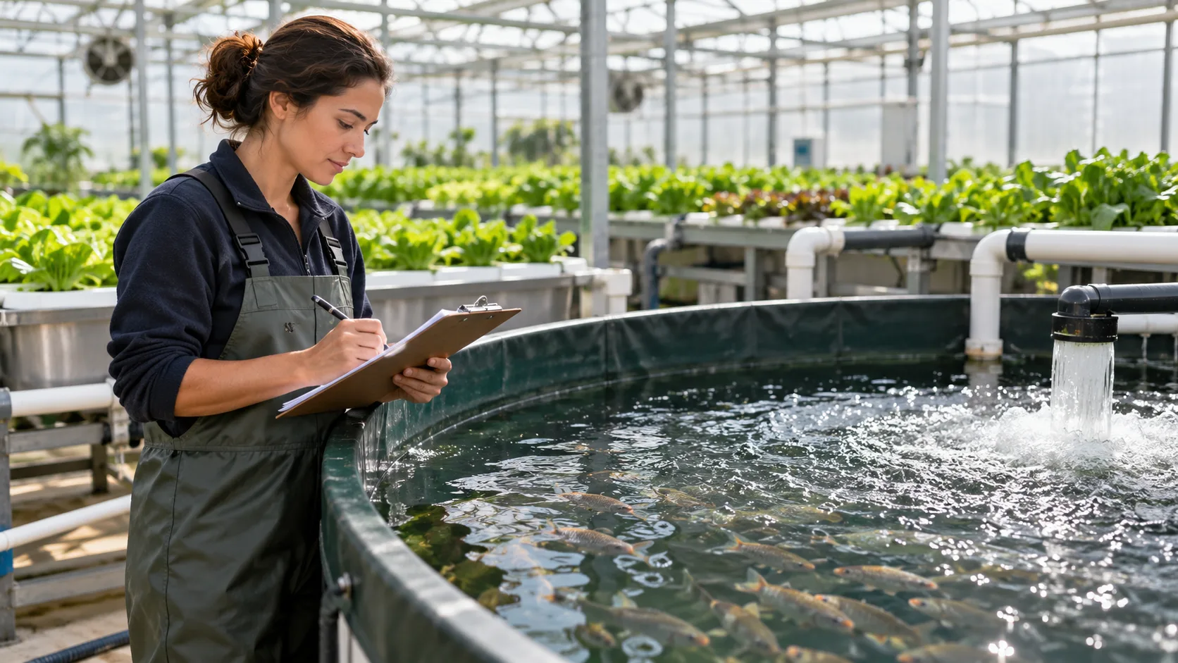 Aquaponics technician observing fish tank aeration and recording water-quality results